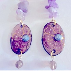 Earrings NWOT Artisan purple Flowers enameled Copper Amethyst stone 3” pierced