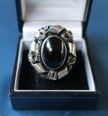 Vintage Brutalist Statement Ring Sterling Silver & Onyx Adjustable Size 13.5 g