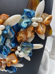 Artisan Mother of Pearl Flower Statement Necklace Freshwater Pearl Agate Bib 16″