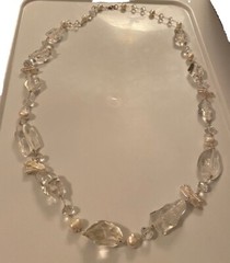 Rock Crystal Nugget Faceted Quartz Baroque and Biwa Pearl Silver Necklace 34 in