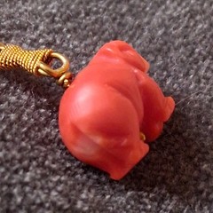 Vintage Carved Coral Elephant & Green Stone Guardian Lion Charms With 14K Gold