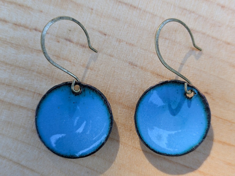 Artisan Enameled Copper Disc Dangle Earrings | Blue & Black Round Boho