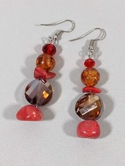 Artisan Red Brown Glass Stone Acrylic Stacked Bead Dangle Hook Earrings