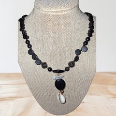 Handmade eye Shiva & cowrie Shell Bead Necklace wood, stone, confetti resin