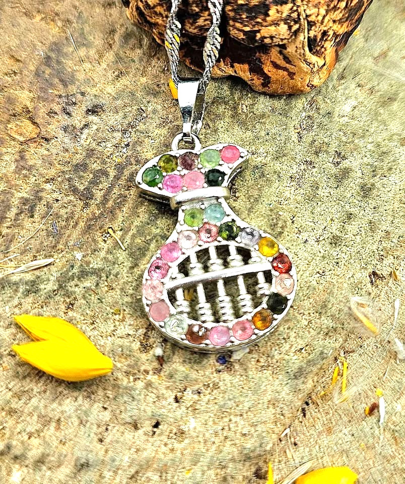 Rainbow Tourmaline Gemstone Abacus Coin Bag Pendant Necklace