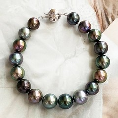 Charming 7.5-8″12-13mm South Sea Genuine Black peacock Round Pearl Bracelet 2588