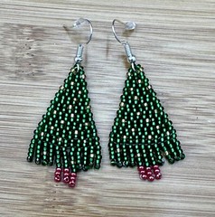 Handmade beaded Christmas tree hook drop dangle earrings