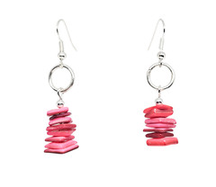 Handmade Fuchsia Mother of Pearl Shell Chips Silver Hoop Boho Dangle Earrings