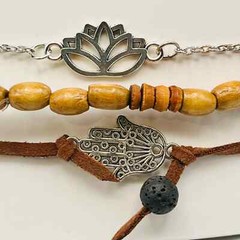 Handmade Lotus Flower & Hamsa Bracelet Stack 3 Piece Brown Silver Spiritual Boho