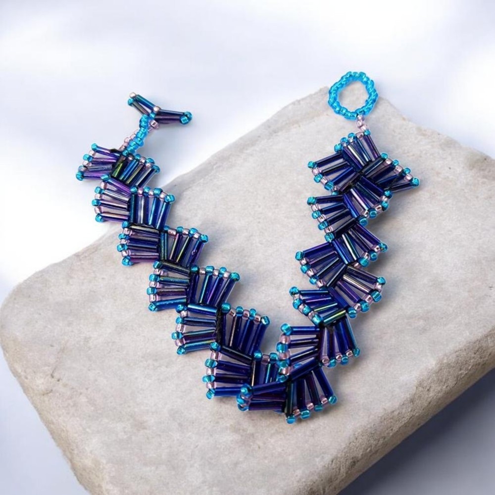 Handmade Beaded Statement Bracelet – Iridescent Blue & Purple Bugle Beads – T-Ba