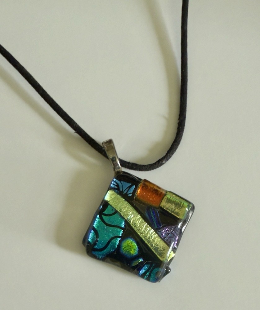 Handmade Fused Dichroic Glass Pendant Necklce Colorful Abstract Geometric Square