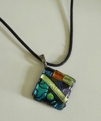Handmade Fused Dichroic Glass Pendant Necklce Colorful Abstract Geometric Square