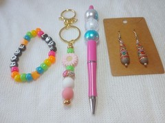 Handmade Beaded Pen, Beaded Keychain ,Bracelet, Earrings New Jewelry set
