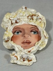 Vintage Mixed Media Face Brooch Pearl Embellished Fabric Art Jewelry 4”