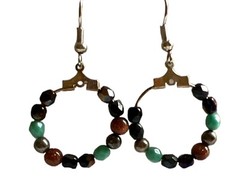 Handmade Beaded Drop Hoop Earrings .5″D Black & Green