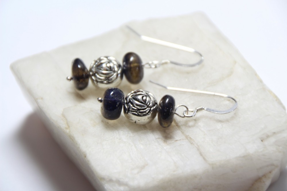 Iolite Dark Blue Roundel 10mm Gemstone Earrings .925 Sterling Silver 1 1/2″