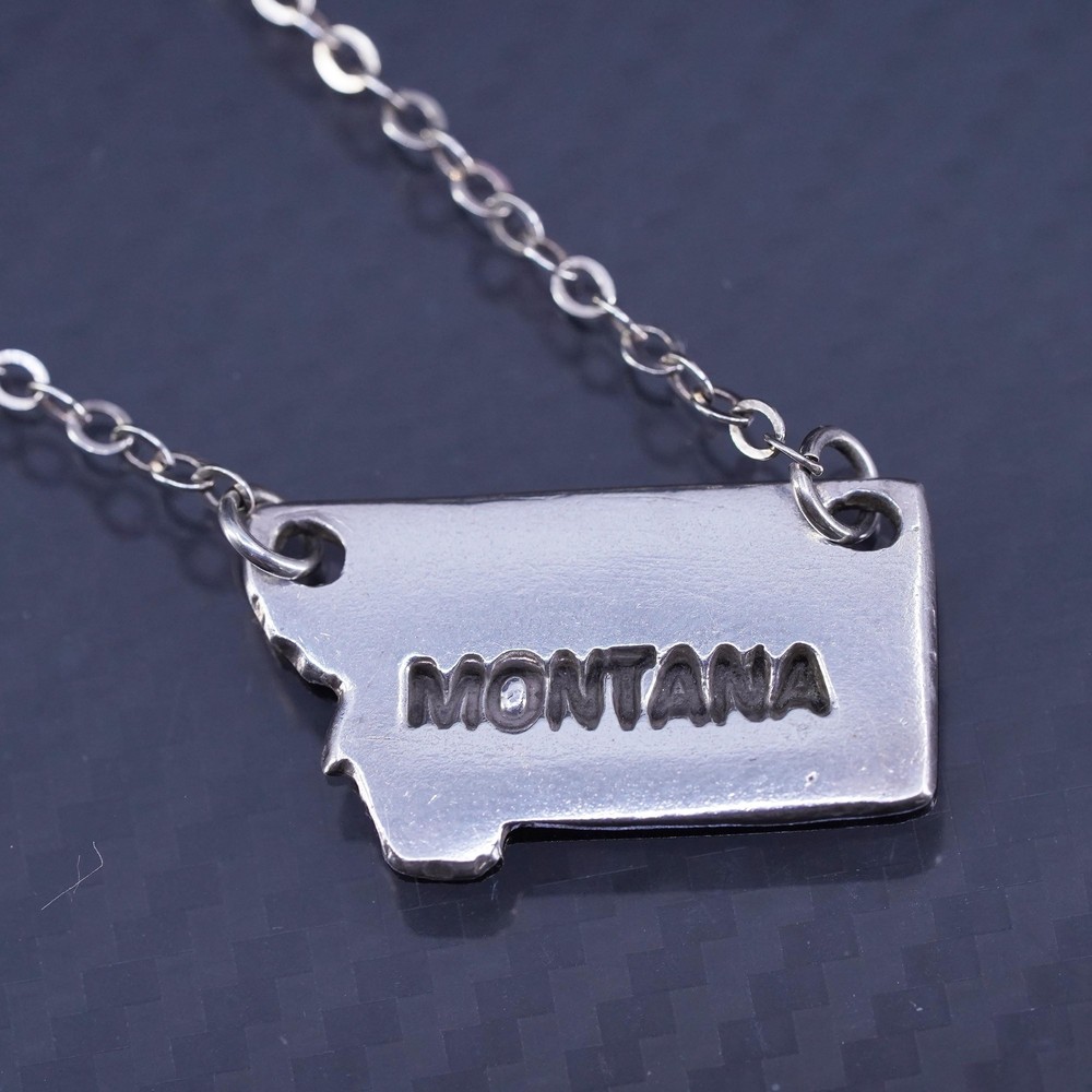 18”, Vintage sterling silver 925 flatten circle necklace Montana state charm