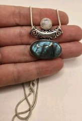 Rare Ethnic Gemstones Necklace With Labradorite And Moonstone Pendant