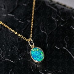 Oval Natural Australian Doublet Opal Pendant Necklace 14k Yellow Gold