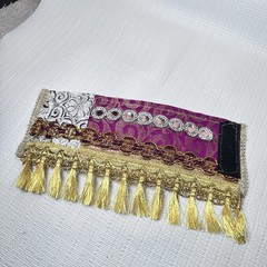 Boho Fabric Wide Cuff Womens Bracelet Jeweled Fringe Metallic Handmade 7.5 8
