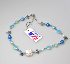 Freshwater Pearl Blue crystal abalone Beaded necklace artisan made in USA PE11