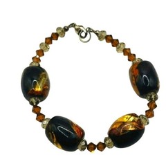Murano Style Art Glass Bracelet Black Brown Gold Sparkle Accents Beads