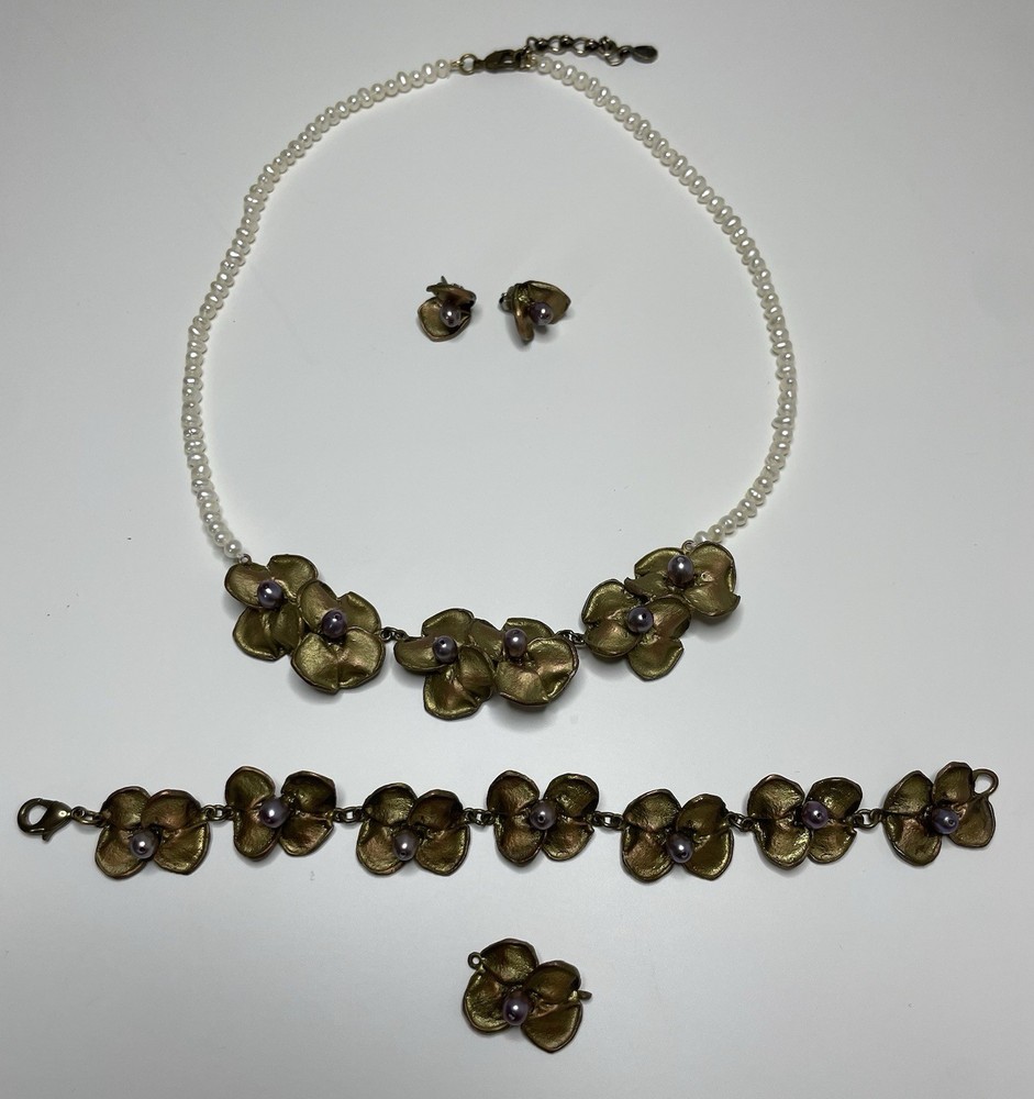 Michael Michaud Bronze and Freshwater Pearl Necklace, Bracelet and Earring Set
