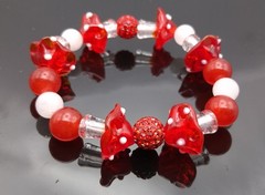 Cute! Red Lampwork Glass Mushrooms w/White Jade RedChalcedony Beaded Bracelet