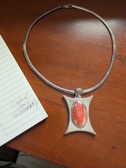 Vintage Modernist 950 Fine Silver Large Orange Spiny Oyster Shell Drama Pendant