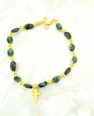 6mm Emeralds Bracelet with Tiny Gold Plated Cross— Handcrafted