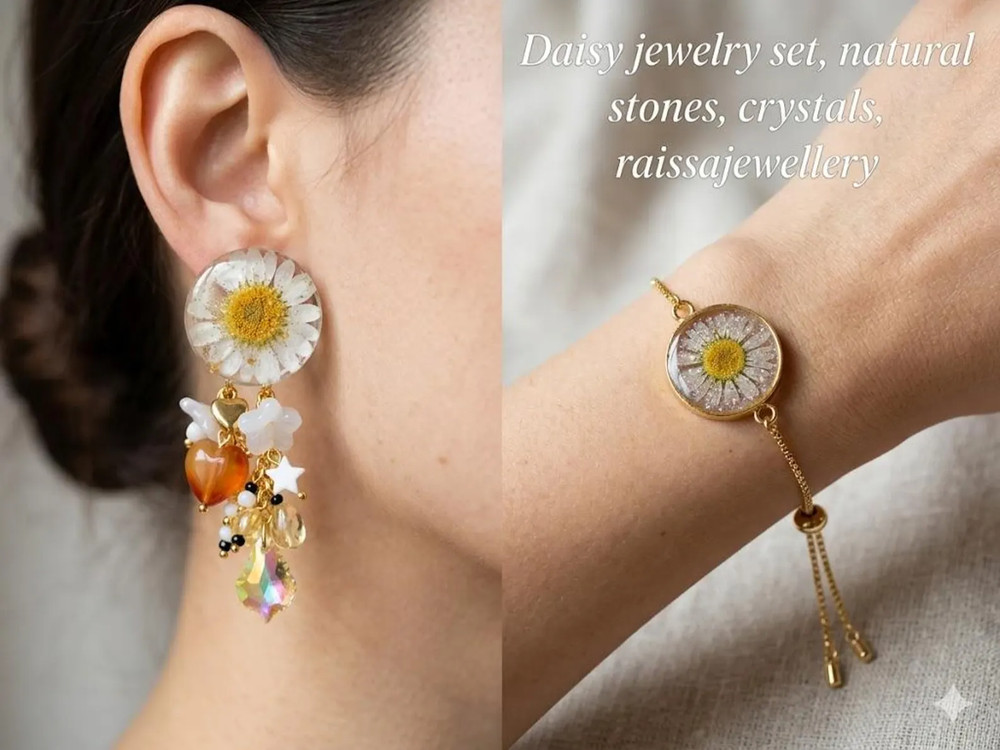 Handmade Jewelry Set with Real Daisy Flowers in Resin | Earrings and bracelet