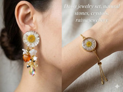 Handmade Jewelry Set with Real Daisy Flowers in Resin | Earrings and bracelet