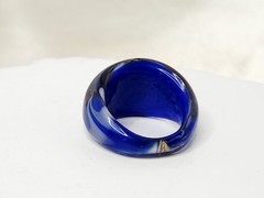 Handmade Murano Style Chunky Glass Dome Ring with Blue and Brown Swirls – Size 5