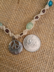 New Natural Hemp Necklace W/ Peace Sign Charm & Mixed Beads 16 in Twist Macrame