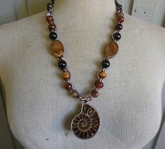 Ammonite Fossil Adjustable Hemp Necklace w/ Shell Onyx Tiger’s Eye Smoky Quartz