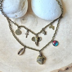 Africa Charm Necklace, Bronze Chain, Pan African Diaspora, Akuaba, Tribal, Ankh