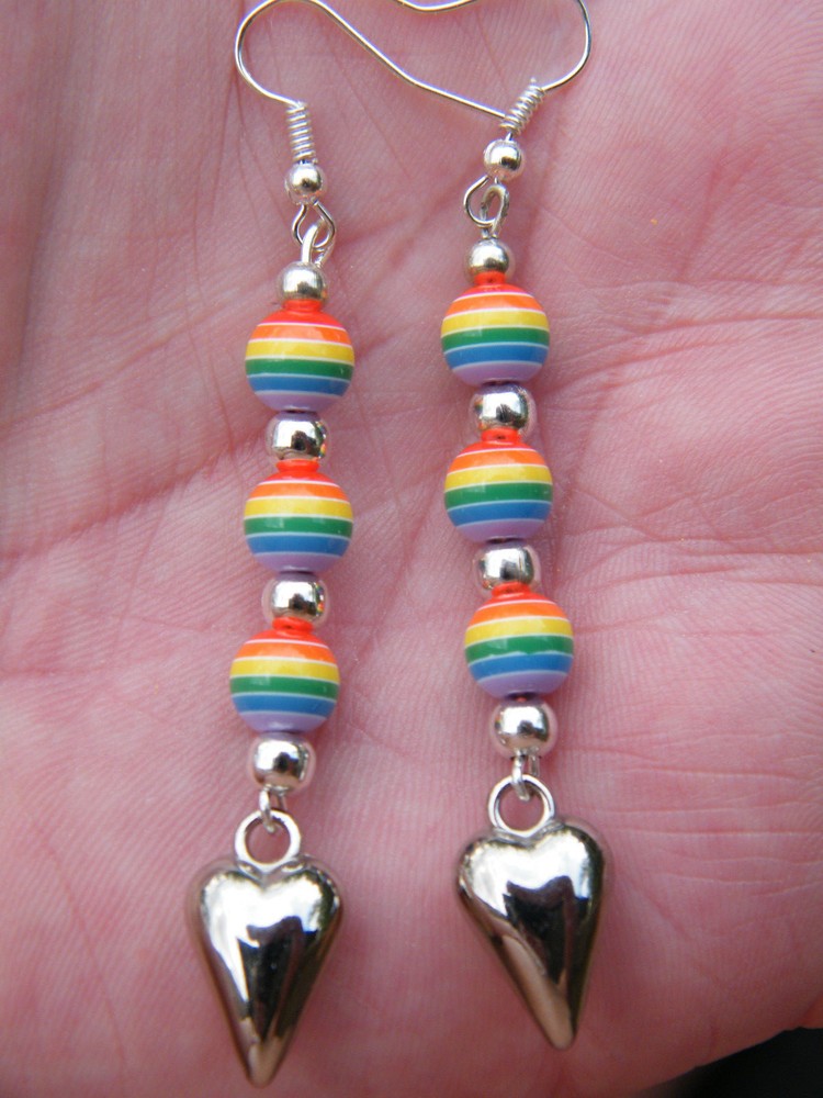 4 PAIRS Silver Hearts & Rainbow Beads Earrings Silver 3″ Drops Ear Wires NEW!