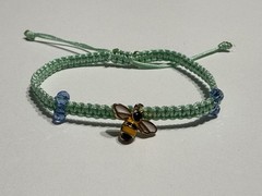 Handmade Adjustable Beaded Charm Cord Bracelet, Green Blue Bee Dangle, 4.5 in