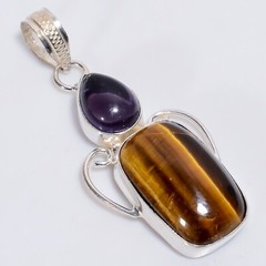 Tiger Eye Amethyst Necklace & Earrings Jewelry Set 925 Sterling Silver SOLO SET