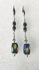 Blue Lapis Lazuli Beads Metal Leaf Tibetan Silver Caps Ear Wire Earrings