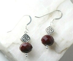 Quartz Dark Red Faceted 8mm x 10mm Roundel Earrings .925 Sterling Silver 1 1/4″