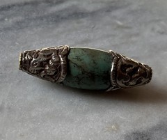 Vintage Tibetan Turquoise Silver Bead w/ Intricate Animal Design 53x16mm CC213