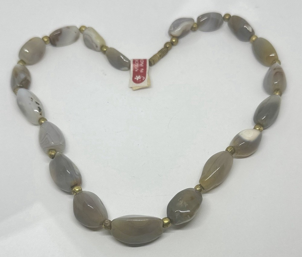 Necklace Natural Agate Gemstones Brown/Grey Barrel Clasp 18″ Brass India Made