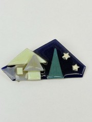 Vintage 3D Lucinda House Pins Brooch Blue Night Sky Stars Tree Two Houses 1-1/4”