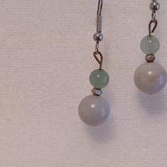 Green Jade & Grey Agate Bead Artisan Drop Dangle Pierced Silver Tone Earrings