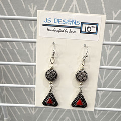 JS Designs Handcrafted Silver Tone Red Triangle Dangle Earrings Hook