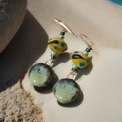 Special Price-Blue Beige Ceramic Charms Lampwork Boho Handcrafted Earrings
