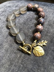 Chunky Jasper & Glass Bead Bracelet Gold Tone Toggle Clasp 9″
