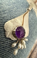 Vtg Designer Sterling 925 Amethyst, Pearl Beads Gold Wire Pendant Necklace 18”in
