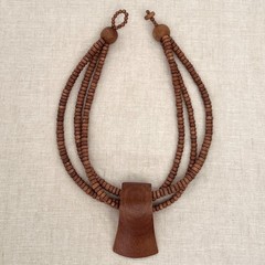 Vintage Philippine Folk Art Wooden Statement Necklace Torsade Bead Large Pendant